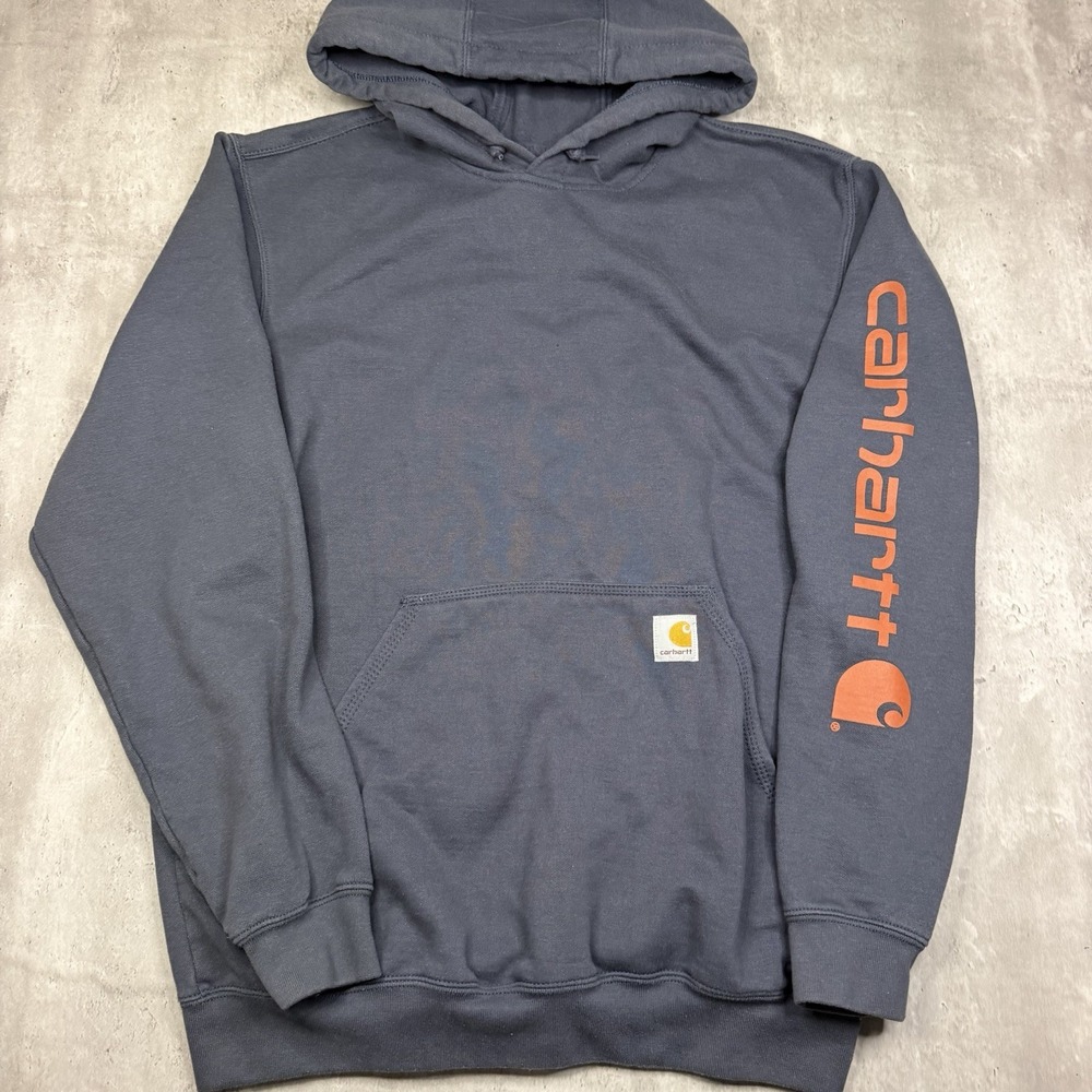 Carhartt Hoodie M Blue Gray Loose Fit Sleeve Logo Fleece Pullover K288 BLS